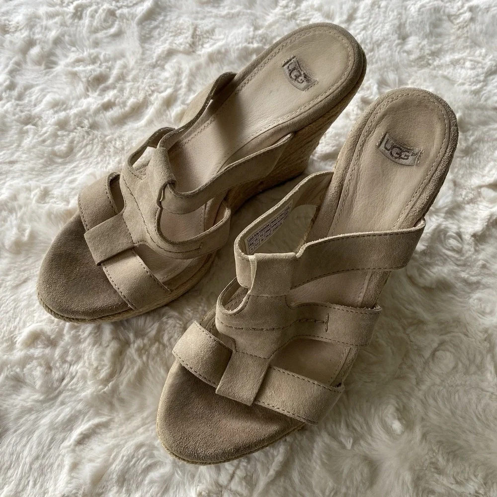 UGG Tawnie Leather Platform Espadrilles Slip On Wedge Sandals Size 8 Nautical